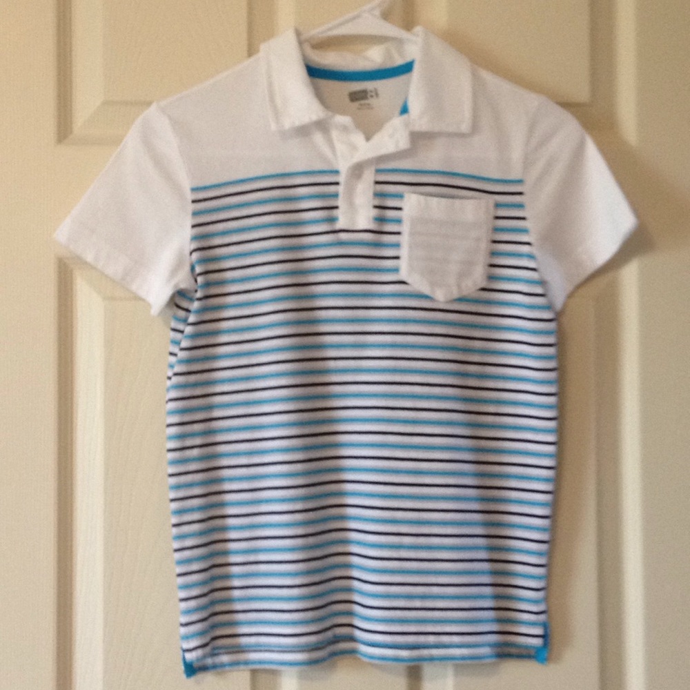 Boys striped grey, white, and blue tee shirt